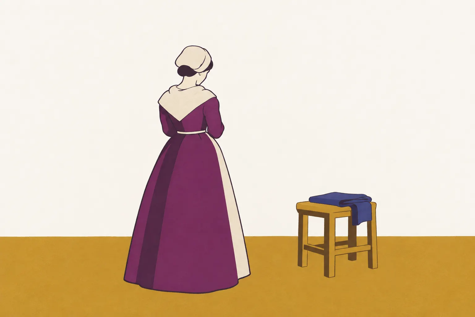 A woman seen from behind ties the strings of a plain linen apron at her waist over a full-skirted gown
