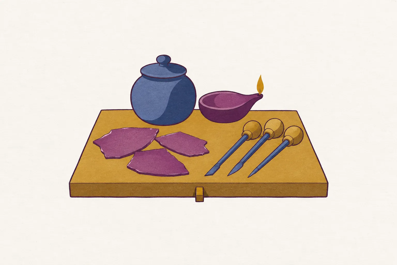 A carver's bench with rough, uncarved shell blanks, slender gravers, a small jar and an oil lamp