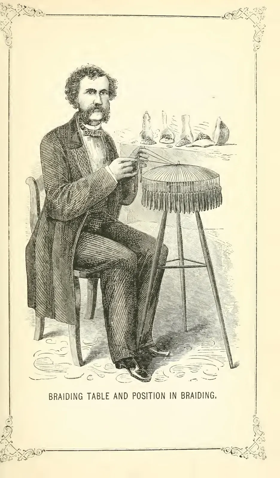 Engraving of a man at a round braiding table on a tall stand, bobbins hanging round its edge; Campbell's manual, 1867