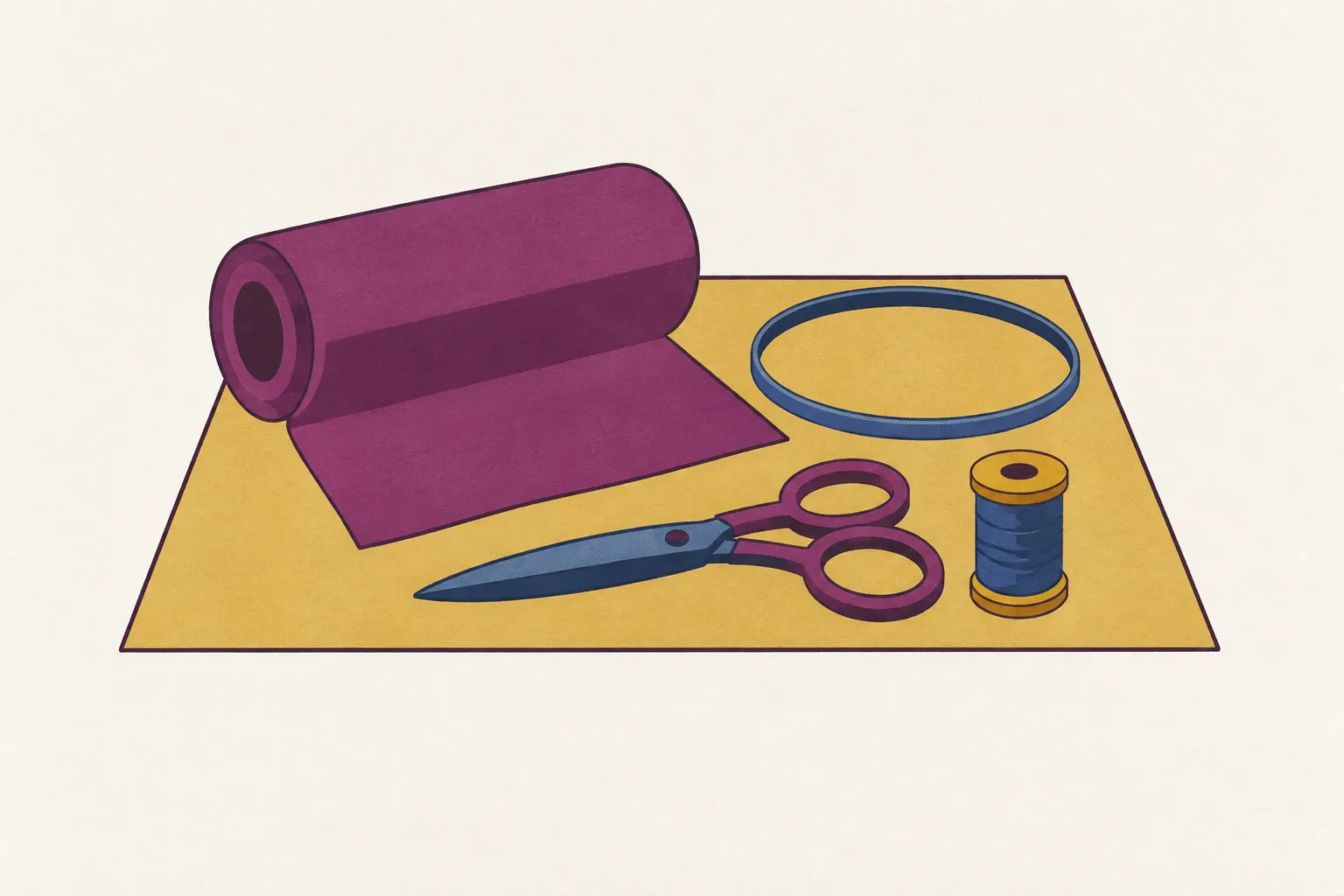 A roll of stiff cloth and a ring of metal hoop lie side by side on a worktable