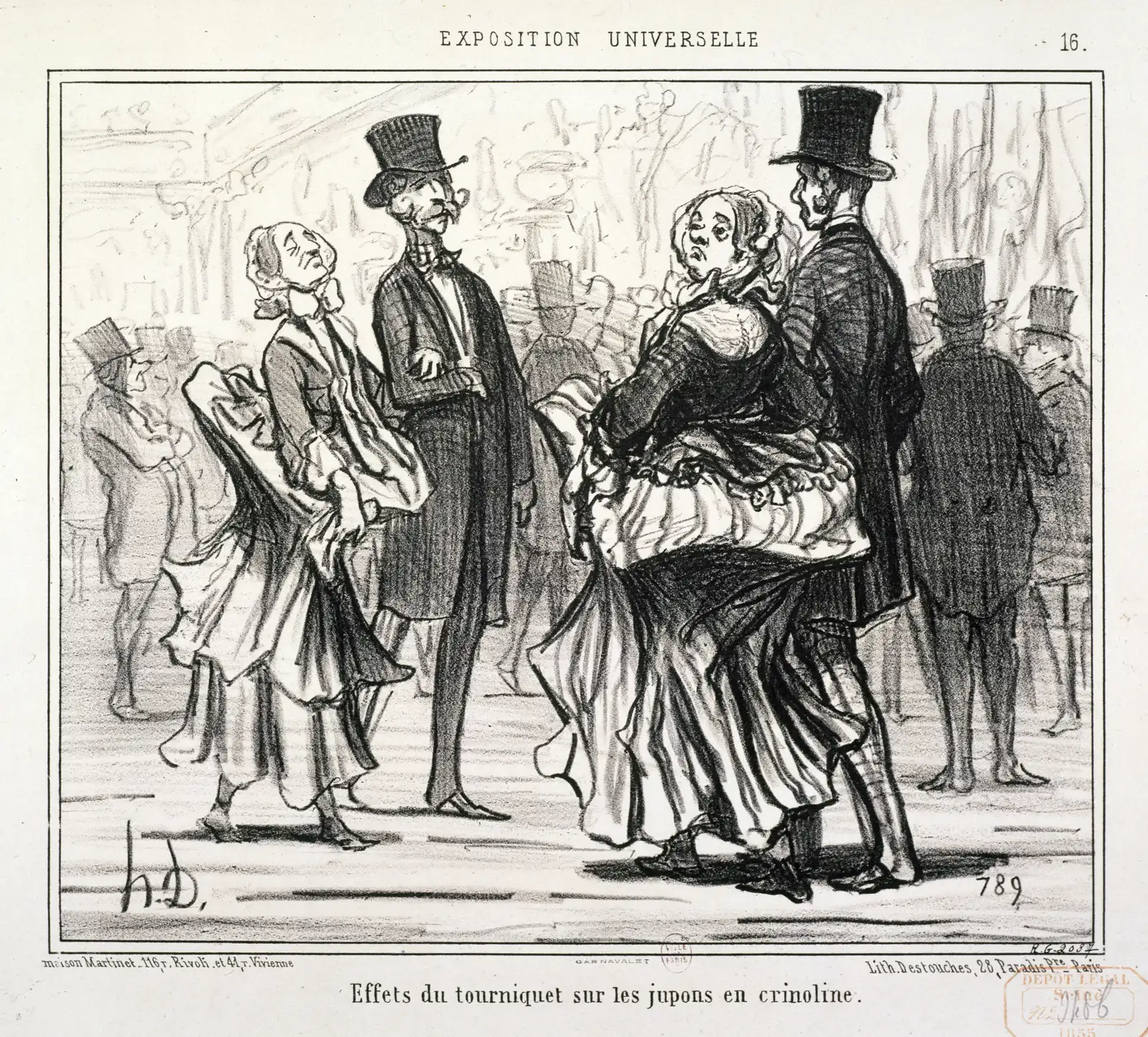 Daumier lithograph: two women in a crowd with their crinoline skirts crushed out of shape; 1855; Musée Carnavalet G.2037