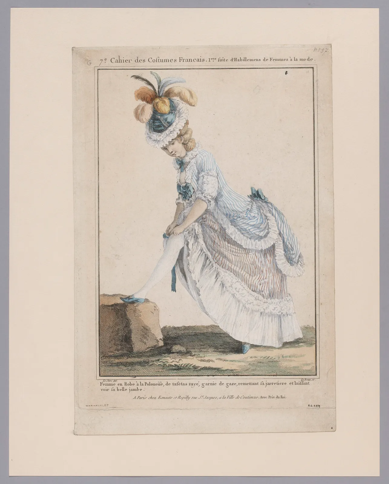 Woman in a striped robe à la polonaise ties a garter at the knee; Galerie des Modes plate, about 1780; Palais Galliera