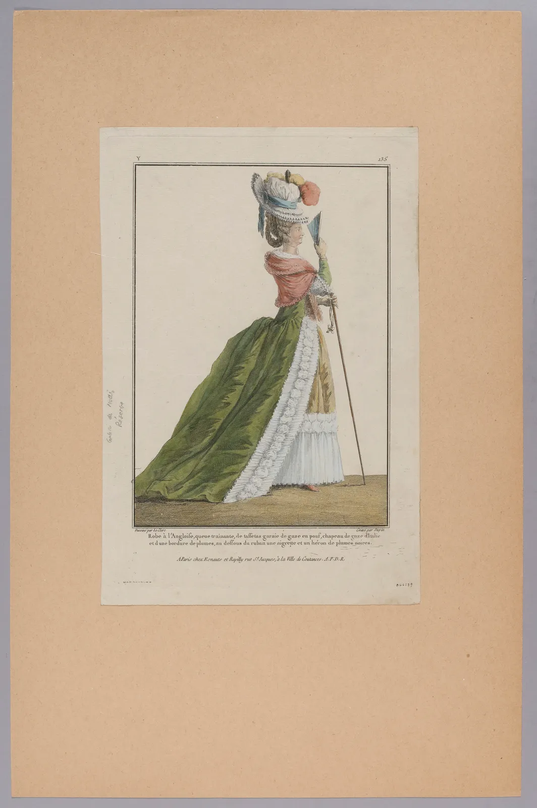 Woman in a green robe à l'anglaise with a train, ruffled pink covering on the shoulders; Galerie des Modes plate 135, c. 1780