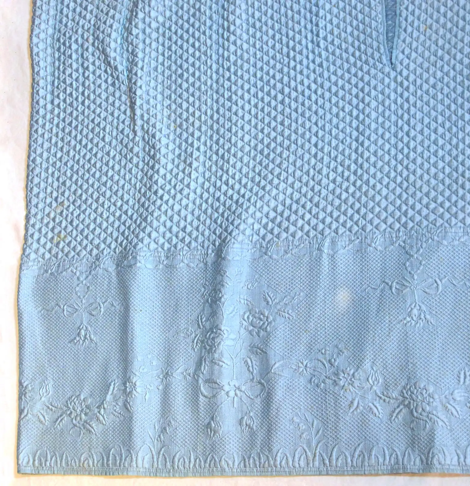 Diamond-quilted blue silk petticoat with a quilted floral border and a slit near the top; British, 1760–80; The Met