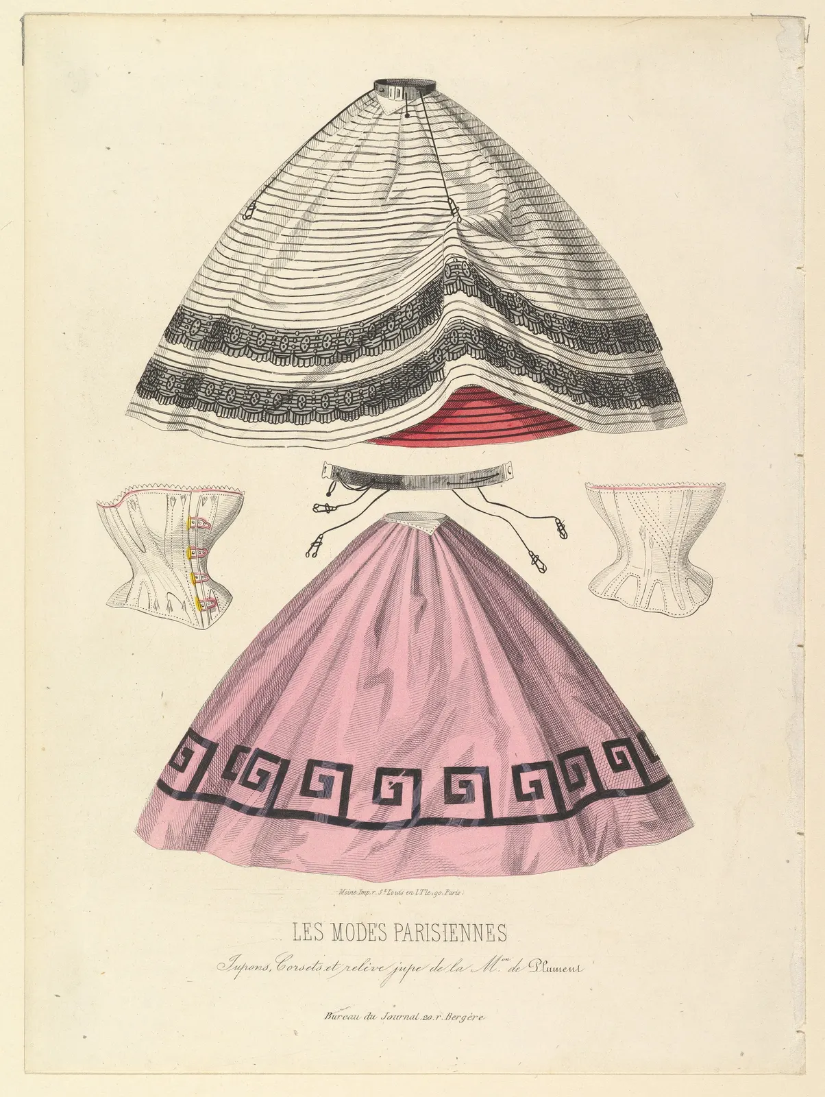 Fashion plate of two corsets, a hooped petticoat, a skirt lifter and a pink skirt; Les Modes Parisiennes, 1862; The Met