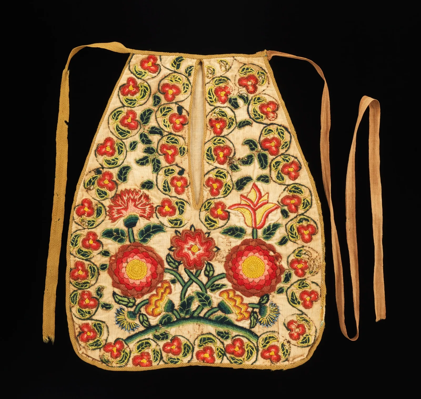 Embroidered tie-on pocket with a central slit and long tapes at the top; American, about 1784; The Met 2009.300.2241
