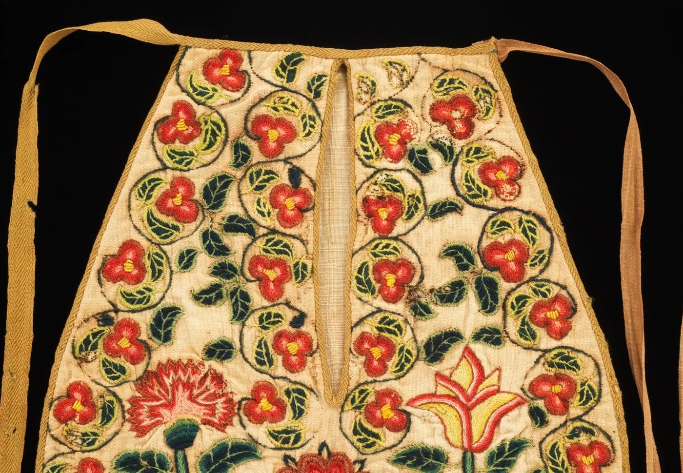 Top of an embroidered pocket: bound slit, top binding that runs on as a tie, second tape; American, about 1784; The Met