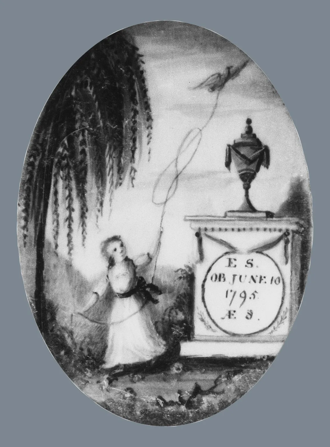 Painted ivory miniature of a child, a willow and an urn on a lettered plinth; United States, c. 1795; The Met 32.134.2