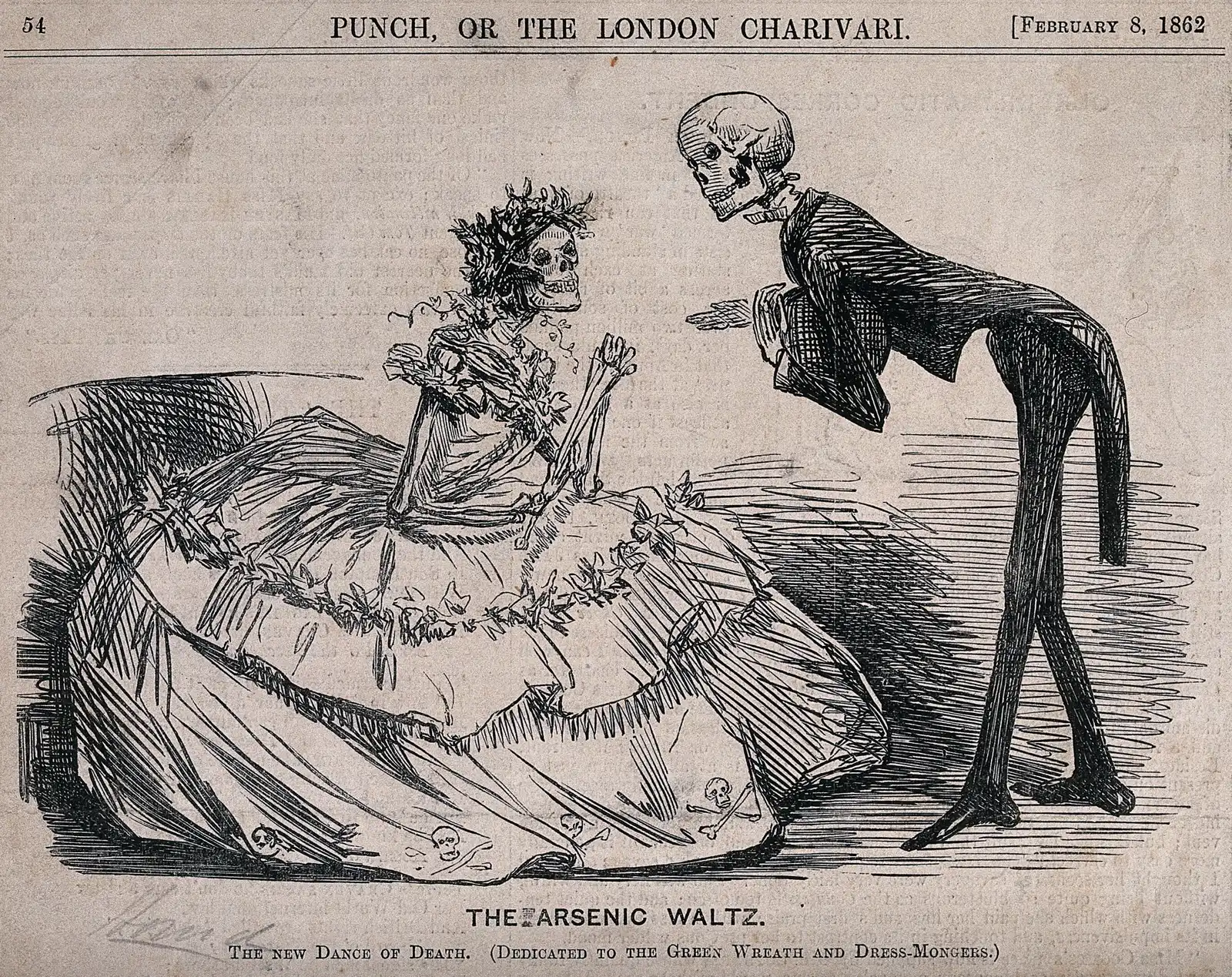 Skeleton in a leaf wreath and garlanded ball gown meets a bowing skeleton in evening dress; Punch wood engraving, 1862