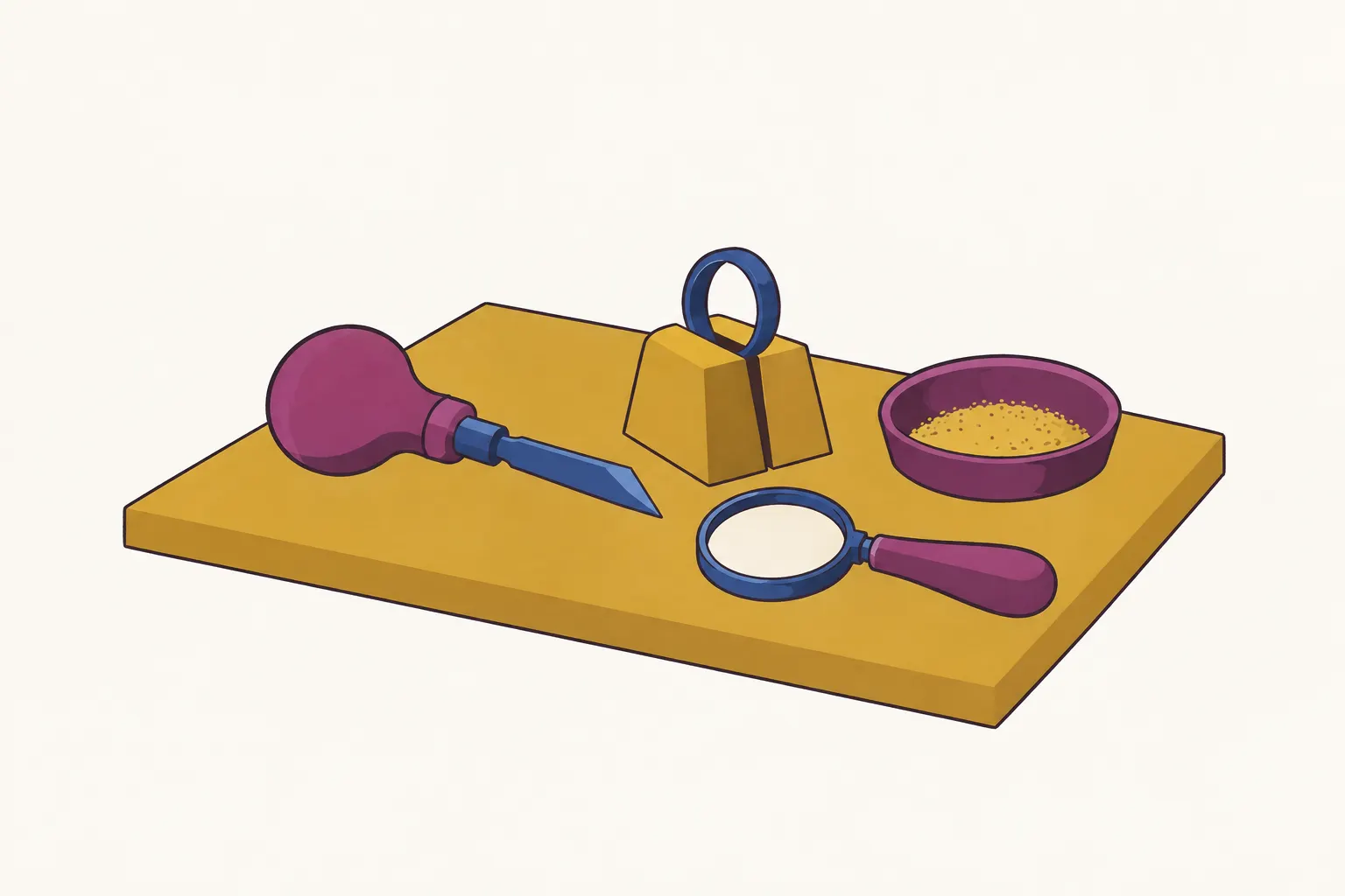 A jeweler's bench with a steel graver, a hand lens and an unset ring band held in a wooden clamp