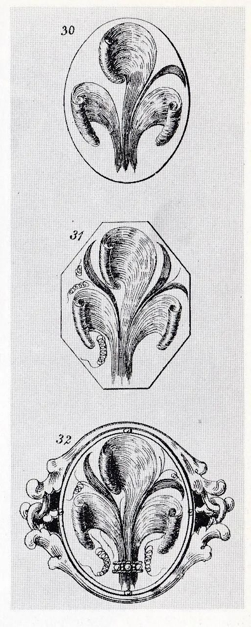 Engraved plate of a three-curl hair feather in an oval, an octagon with coiled sprays, and a brooch mount; Speight, 1871