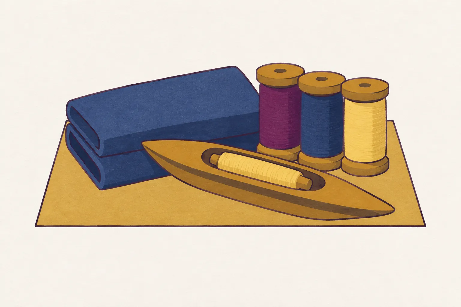 A wooden shuttle and bobbins of yarn beside a folded length of cloth on a worktable