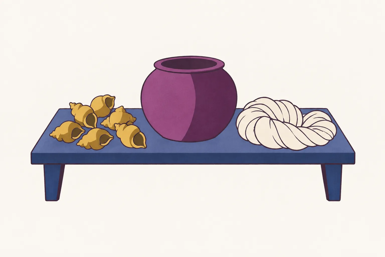 A heap of sea-snail shells beside an earthenware dye vat and a hank of undyed wool on a work table