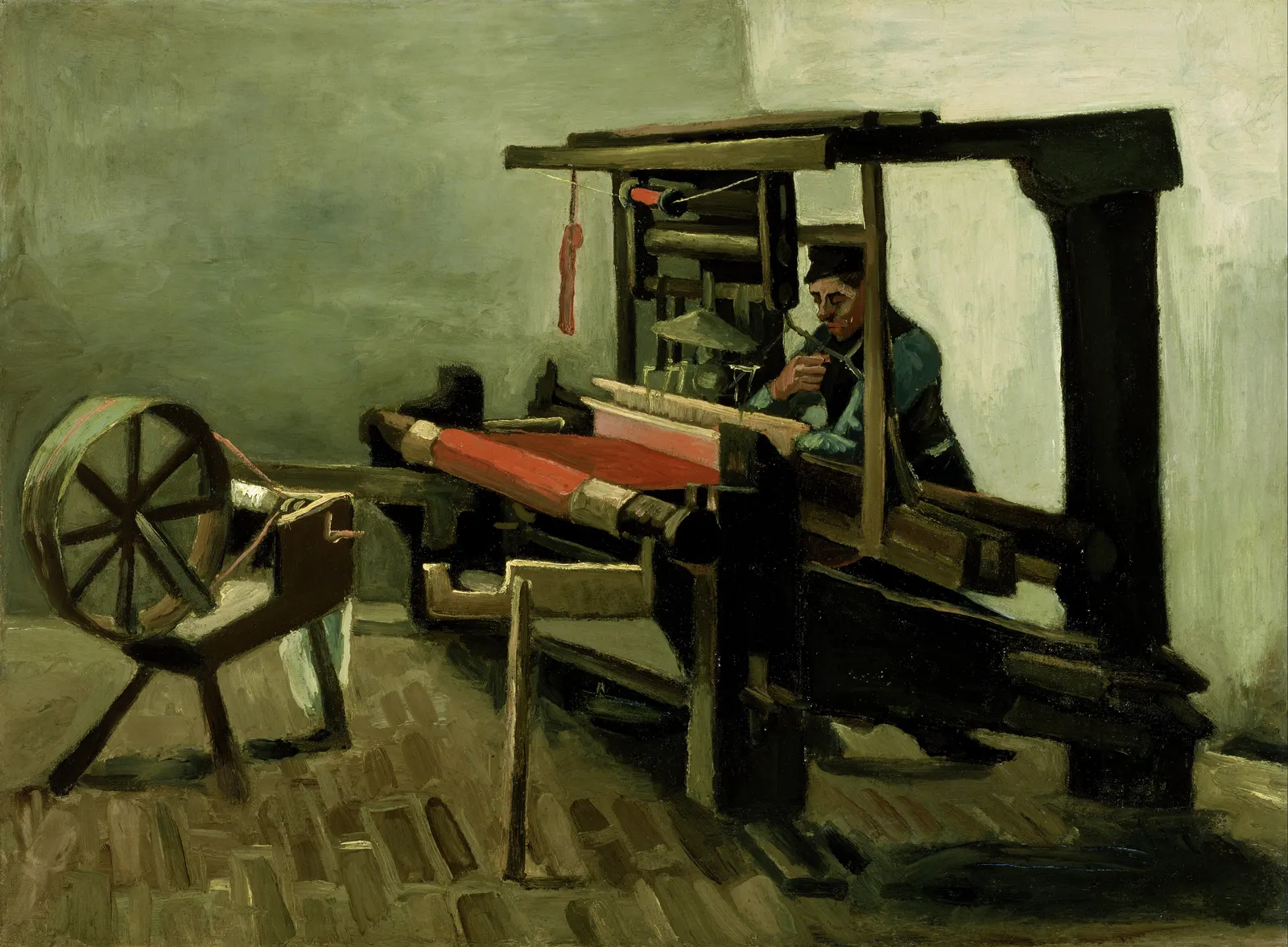 Vincent van Gogh, Weaver, 1884: a man inside a wooden handloom with red cloth on the beam; Museum of Fine Arts, Boston