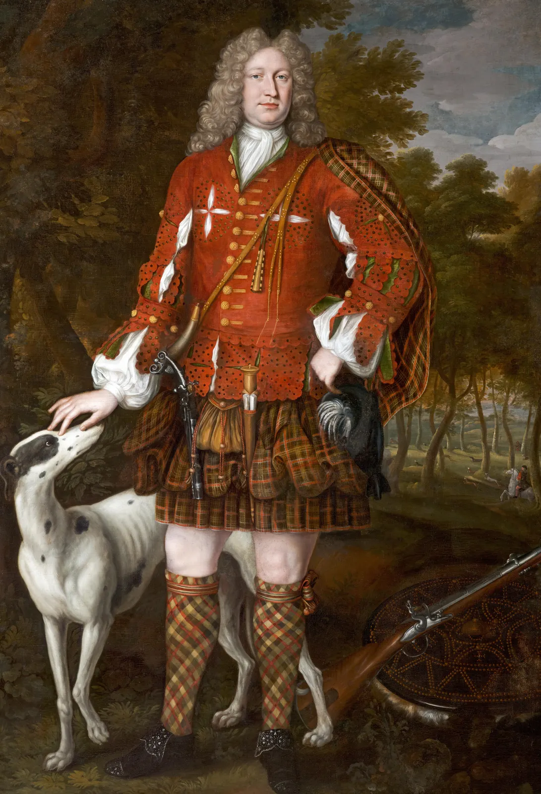 Lord Duffus, red jacket, tartan pleated at waist and over a shoulder; Richard Waitt, c. 1712; National Galleries of Scotland