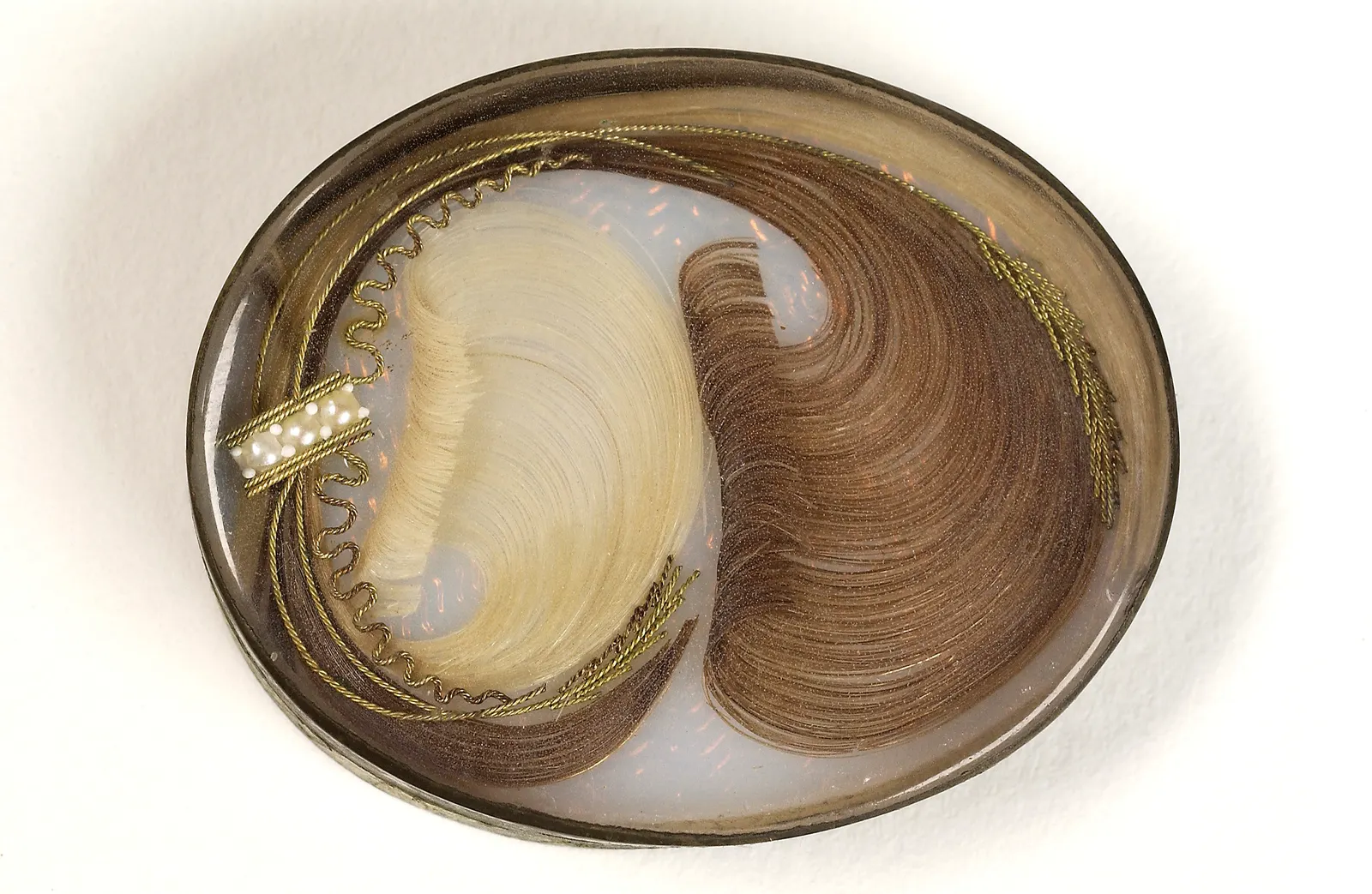 Oval brooch with a pale lock and a brown lock laid flat in plumes under glass; catalogued as Victorian; Wellcome A642443